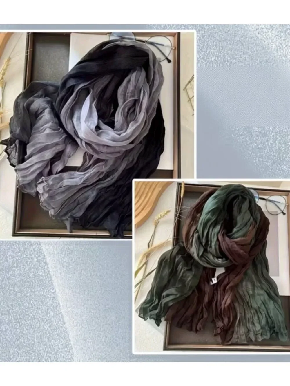 NWT Gradient Crinkle Scarf Set Pleated Ombre Polyester Boho Shawl Neck Wrap